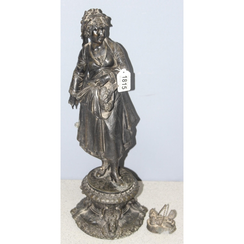 1815 - Vintage spelter figure of a lady with a chicken, approx 51cm