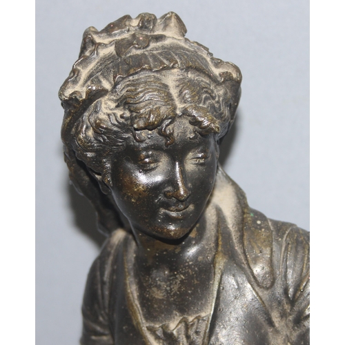 1815 - Vintage spelter figure of a lady with a chicken, approx 51cm