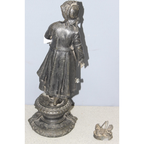 1815 - Vintage spelter figure of a lady with a chicken, approx 51cm