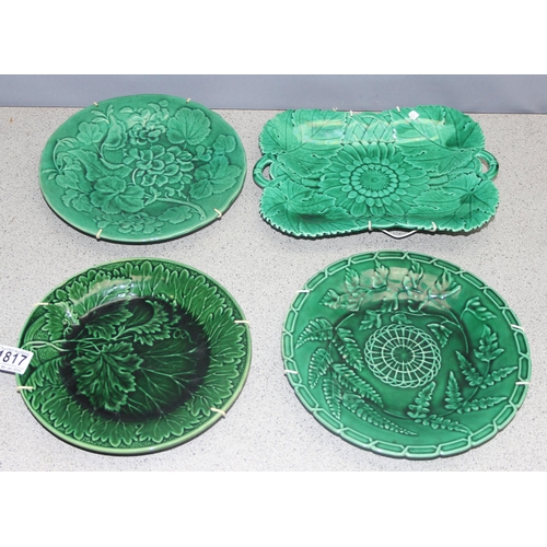 1817 - 4 vintage plates with green leaf/cabbage design with Majolica style glazing, to incl Wedgwood and Ho... 