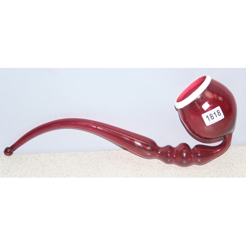 1818 - Large hand-blown cranberry glass pipe, approx 50cm