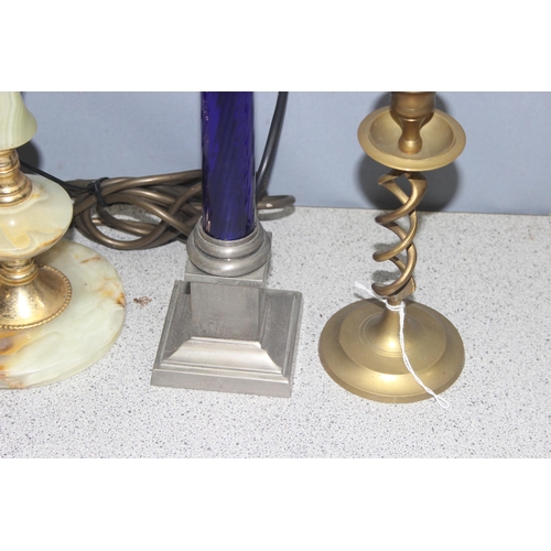 264 - 3 lamp bases to incl pair of onyx and brass, and a candlestick, tallest approx 40cm