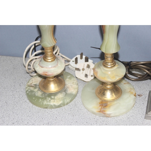 264 - 3 lamp bases to incl pair of onyx and brass, and a candlestick, tallest approx 40cm