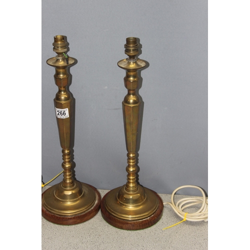 266 - Pair of brass table lamps with wooden bases, approx 47cm