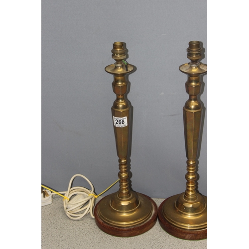 266 - Pair of brass table lamps with wooden bases, approx 47cm