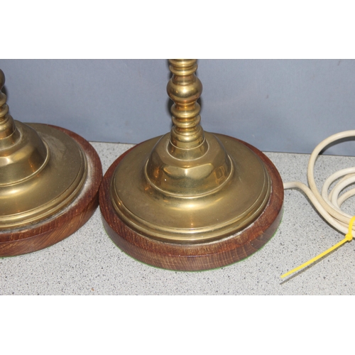 266 - Pair of brass table lamps with wooden bases, approx 47cm