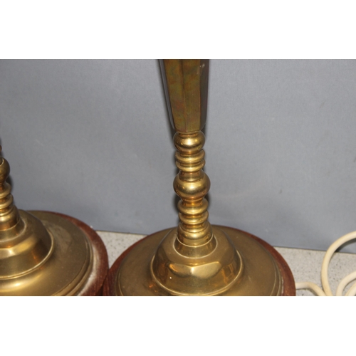 266 - Pair of brass table lamps with wooden bases, approx 47cm