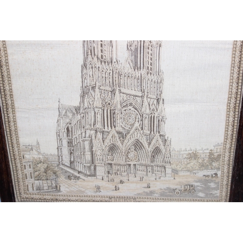 299B - Vintage glazed oak fire screen with embroidery depicting Reims Cathedral, approx 72 x 56cm