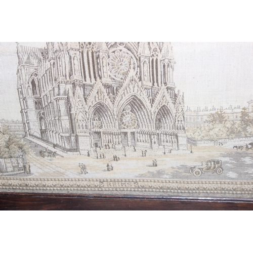 299B - Vintage glazed oak fire screen with embroidery depicting Reims Cathedral, approx 72 x 56cm