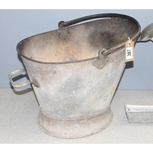 387 - Mix of galvanised items to incl large bucket with handle, watering can etc