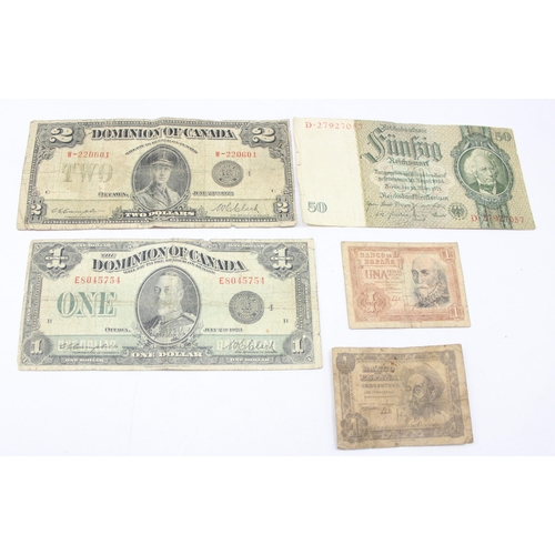 1205 - Qty of assorted interesting world banknotes to inc 2 1923 Canadian banknotes, $1 and $2 etc