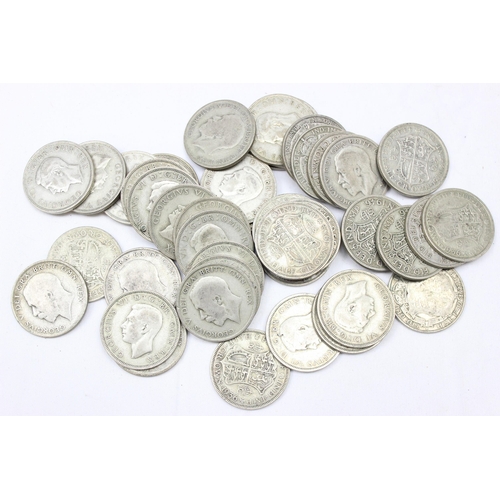 1207 - British silver coins, qty of assorted half silver (.500) half crown coins, George V & George VI, 42 ... 