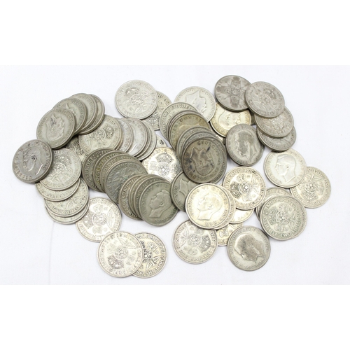 1208 - British silver coins, qty of assorted half silver (.500) florin coins, George V & George VI, 63 coin... 