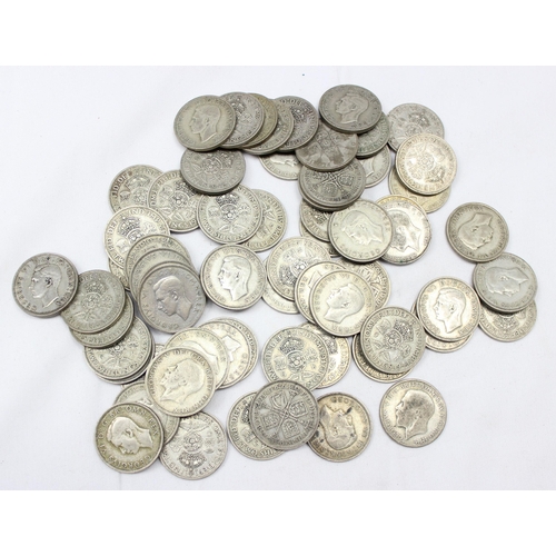 1208 - British silver coins, qty of assorted half silver (.500) florin coins, George V & George VI, 63 coin... 