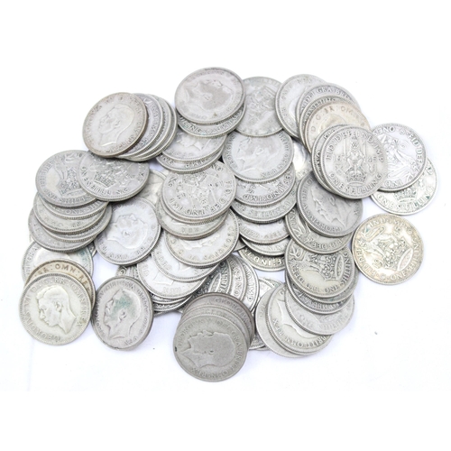 1209 - British silver coins, qty of assorted half silver (.500) shilling coins, George V & George VI, 69 co... 