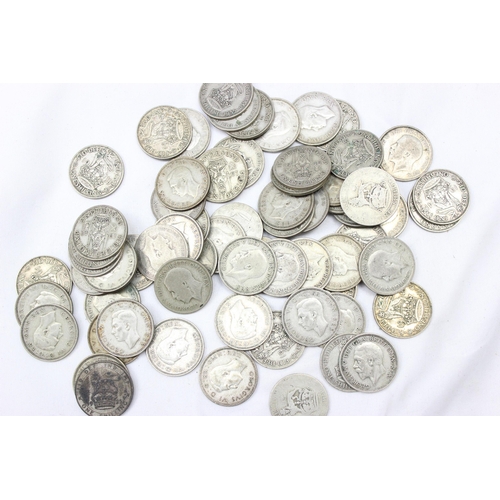 1209 - British silver coins, qty of assorted half silver (.500) shilling coins, George V & George VI, 69 co... 