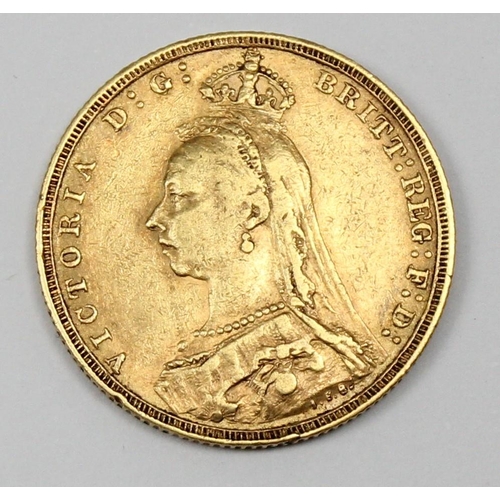 1216 - Queen Victoria 1892 gold full sovereign coin, Jubilee head obverse, London mint