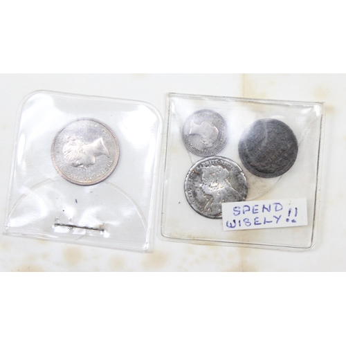 1277 - 4 assorted interesting coins to inc an 1845 Maundy 4d attached to a letter, 1897 3d, 1843 1 1/2d and... 