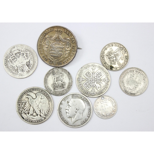 1278 - 9 assorted world and British coins all with silver content, to inc a 1942 Denver mint walking Libert... 