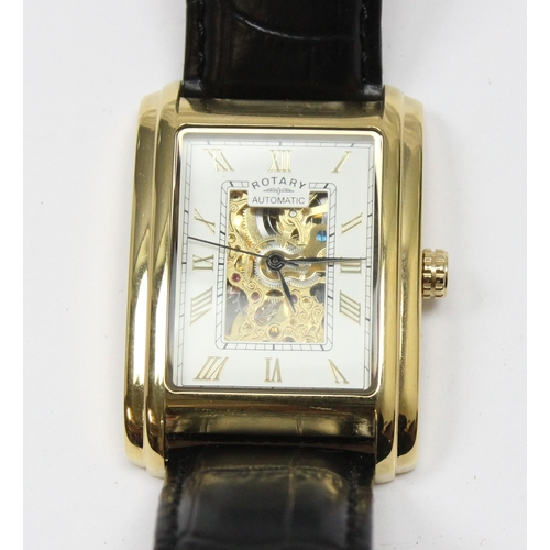 1318 - A vintage Rotary skeleton watch with automatic movement, gold plated case and black leather strap, m... 