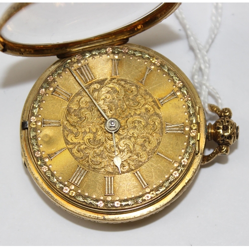 1326 - An antique 18ct gold cased open face pocket watch with decorative engraved face and fusee movement, ... 