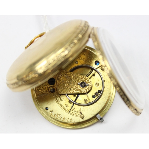 1326 - An antique 18ct gold cased open face pocket watch with decorative engraved face and fusee movement, ... 