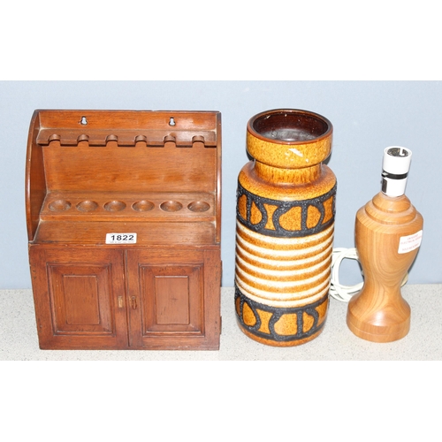 1822 - Mixed lot to incl table top smokers cabinet, retro West German vase (30cm) and a wooden table lamp b... 