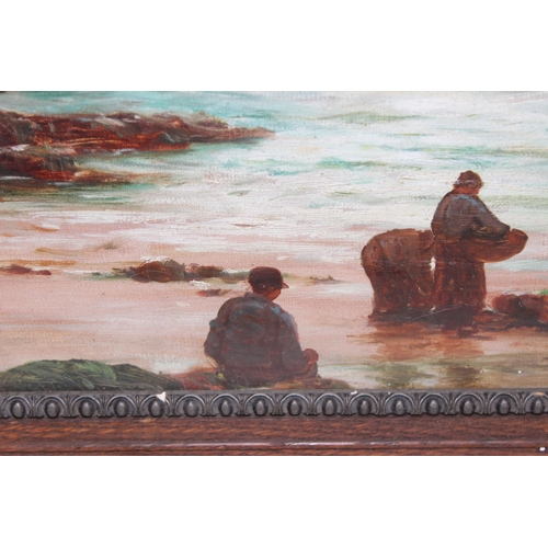 405 - Cornish School (XIX-XX), an antique oil on canvas depicting fishermen or smugglers in a harbour via ... 