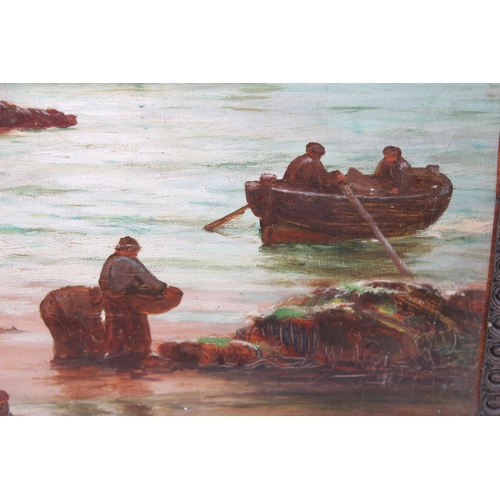 405 - Cornish School (XIX-XX), an antique oil on canvas depicting fishermen or smugglers in a harbour via ... 