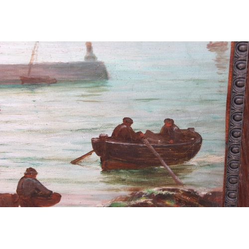 405 - Cornish School (XIX-XX), an antique oil on canvas depicting fishermen or smugglers in a harbour via ... 