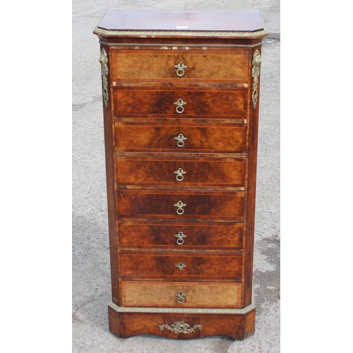 2 - A 19th century burr walnut 8 drawer chest of drawers of Wellington chest form with brass handles and... 