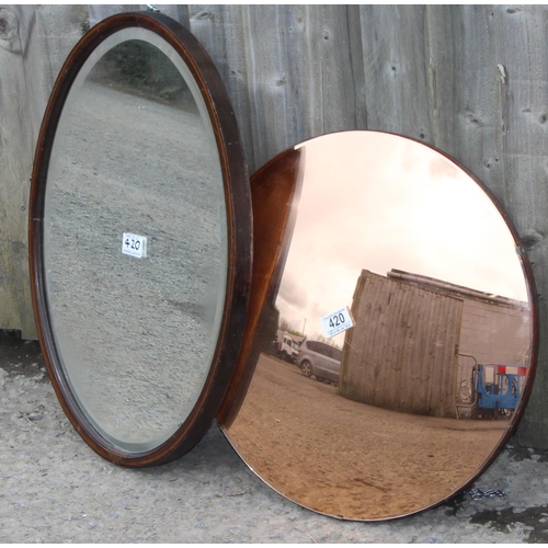 420 - An Edwardian oval Sheraton revival mirror and a convex wall mirror, the convex mirror approx 47cm in... 