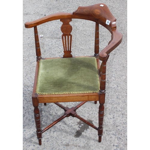 84 - An Edwardian mahogany corner chair with Sheraton revival inlay, approx 64cm wide x 60cm deep x 80cm ... 