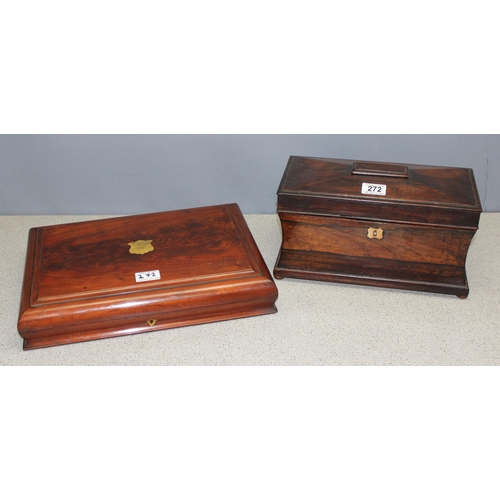 272 - Antique sarcophagus shaped rosewood tea caddy converted to decanter box with 2 cut-glass decanters a... 