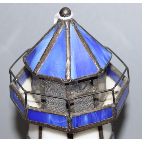 235 - Tiffany style lighthouse lamp in blue and white leaded glass, approx 29cm