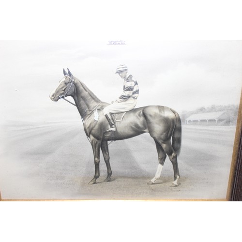 460 - Large antique monochrome painted photograph of a Jockey on horseback named 'The Policeman' signed Cl... 