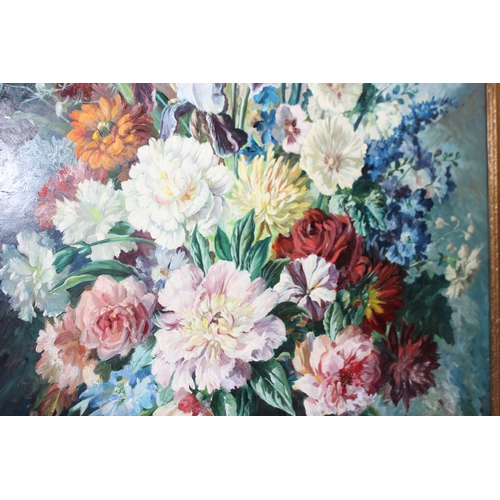 401 - Robert Dumont-Smith (1908-1994) a large colourful still life oil on board of flowers, approx 110cm x... 