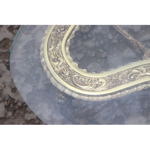 14 - A highly decorative gilt brass and glass topped side table, approx 51cm wide x 51cm deep x 47cm tall