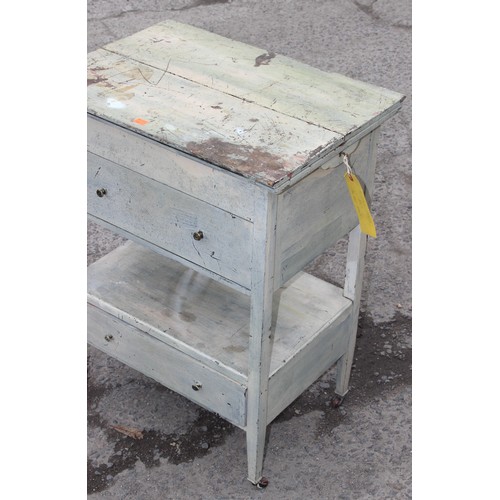 18 - A vintage distressed painted sewing table with fold opening top, approx 46cm wide x 23cm deep x 76cm... 