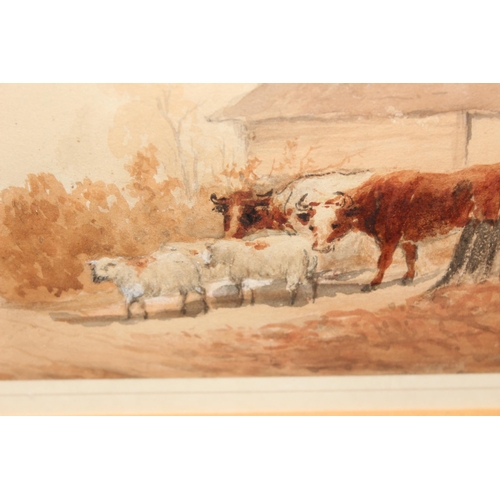 421 - 19th century watercolour study depicting cattle by a barn, indistinctly signed and dated 18??, appro... 