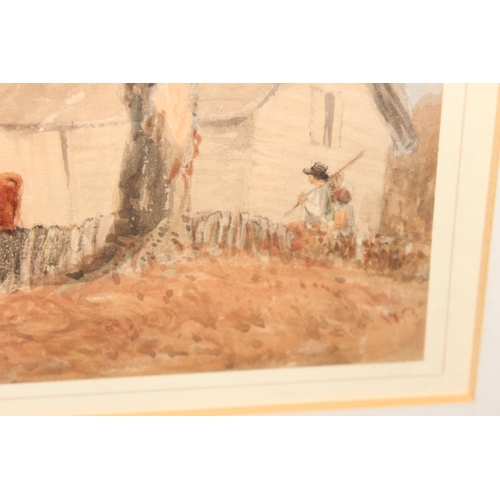 421 - 19th century watercolour study depicting cattle by a barn, indistinctly signed and dated 18??, appro... 