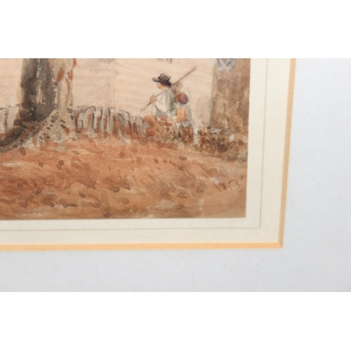 421 - 19th century watercolour study depicting cattle by a barn, indistinctly signed and dated 18??, appro... 