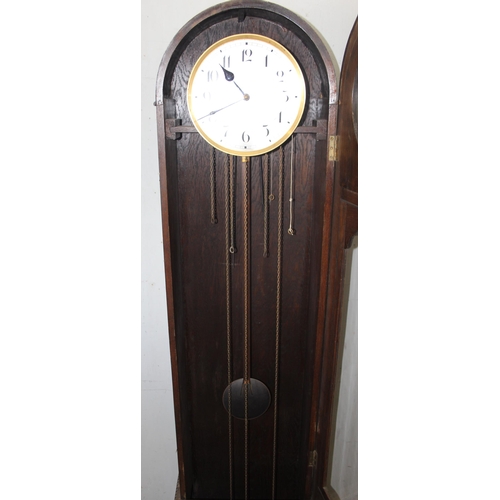 1312 - A large early 20th century grandfather clock with oak dome topped case, silvered dial and mechanical... 