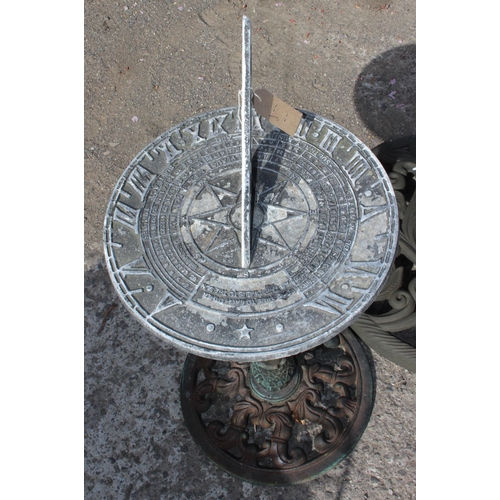 318 - Garden sundial on post and a parasol base, the sundial approx 81cm tall x 36cm in diameter (2)