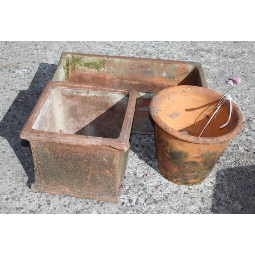 320 - 3 terracotta garden pots, largest approx 50cm wide x 24cm deep x 18cm tall