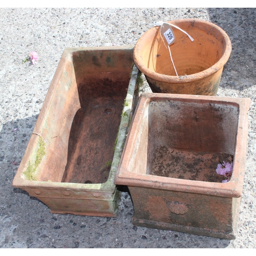 320 - 3 terracotta garden pots, largest approx 50cm wide x 24cm deep x 18cm tall