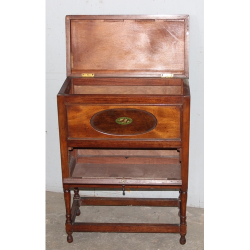 86 - An unusual early 20th century mahogany cabinet with lift up lid and drop down cupboard, approx 61cm ... 