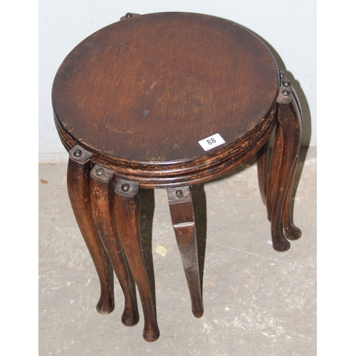 88 - Unusual nest of 4 round topped stacking tables, early-mid 20th century, pro patent no.26711 stamped ... 