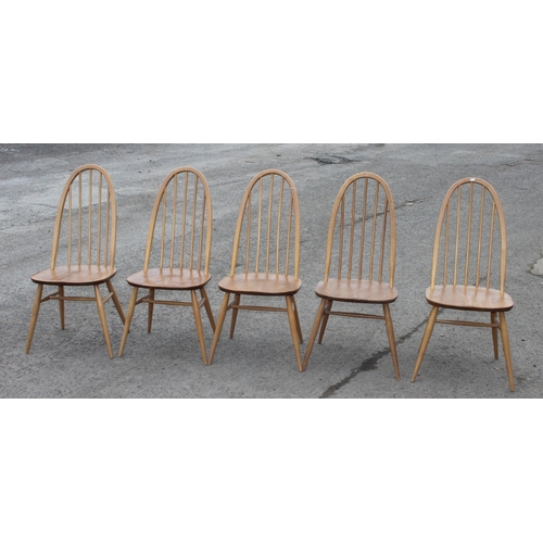 1 - A set of 5 blonde Ercol Quaker 365 high hoop back dining chairs, some bearing blue & gold labels, ea... 