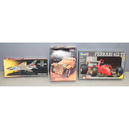 1502 - 3 vintage model kits to inc Monogram MG-TC, Revell Ferrari 412 T2 & Heller Humbrol LTV Crusader F-8E... 